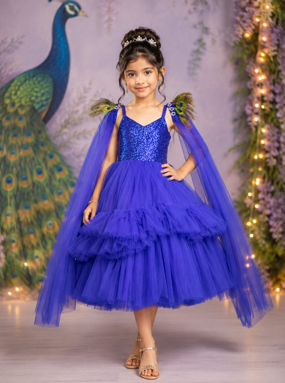 Royal Blue Long Sleeves Peacock Dress