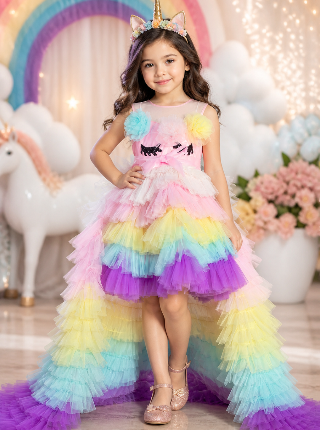 Colorful Unicorn Dress with Ruffled Trail