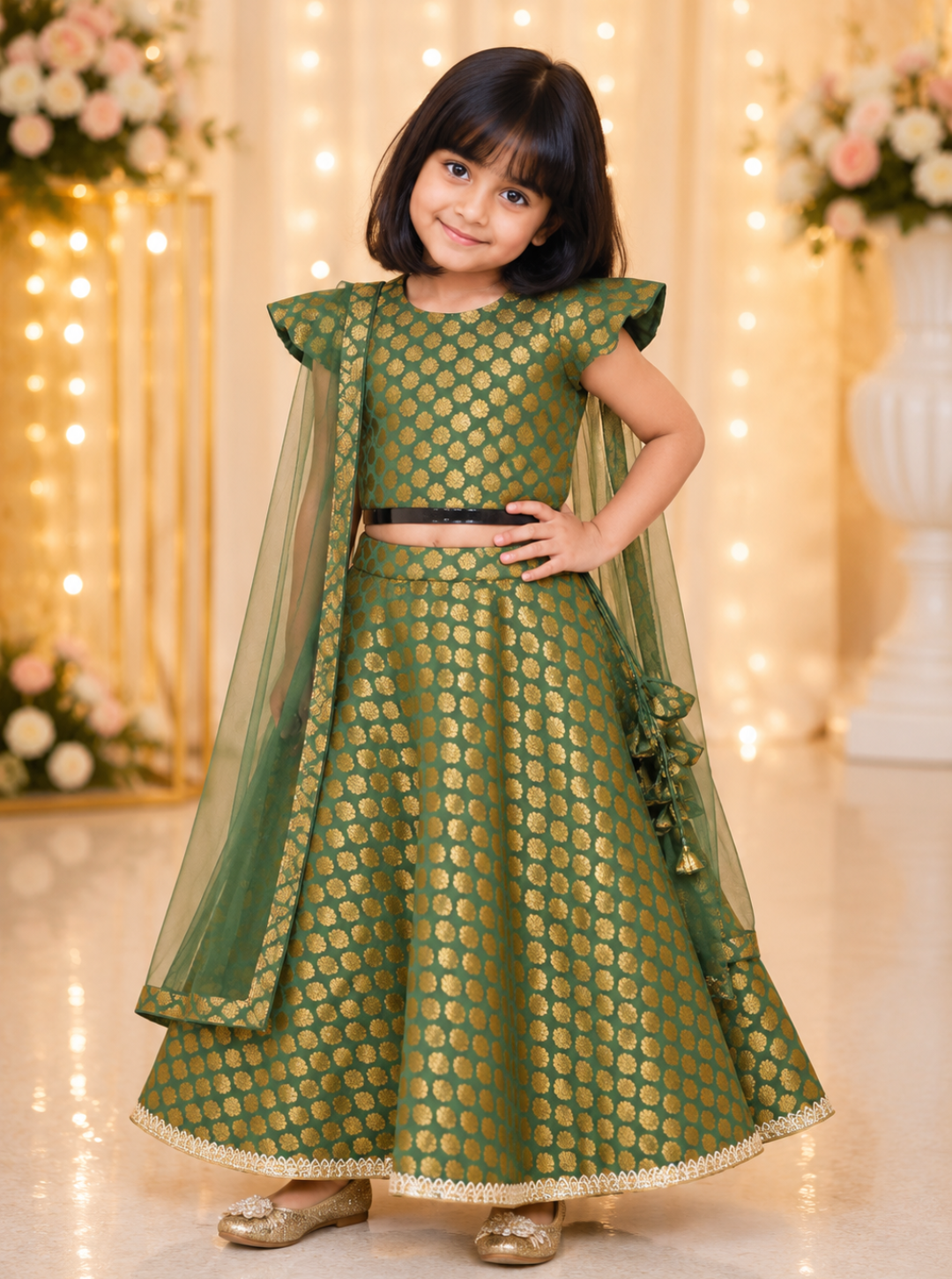 Green brocade kids skirt top set