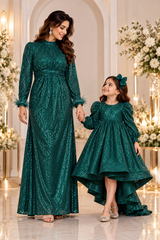 Bottle Green Mother Daughter Sequins Gown Combo