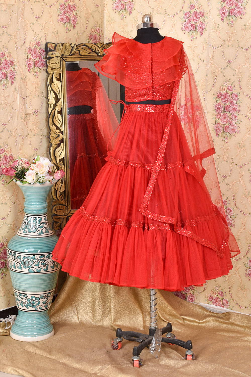 Red and Net Sequins Lahenga
