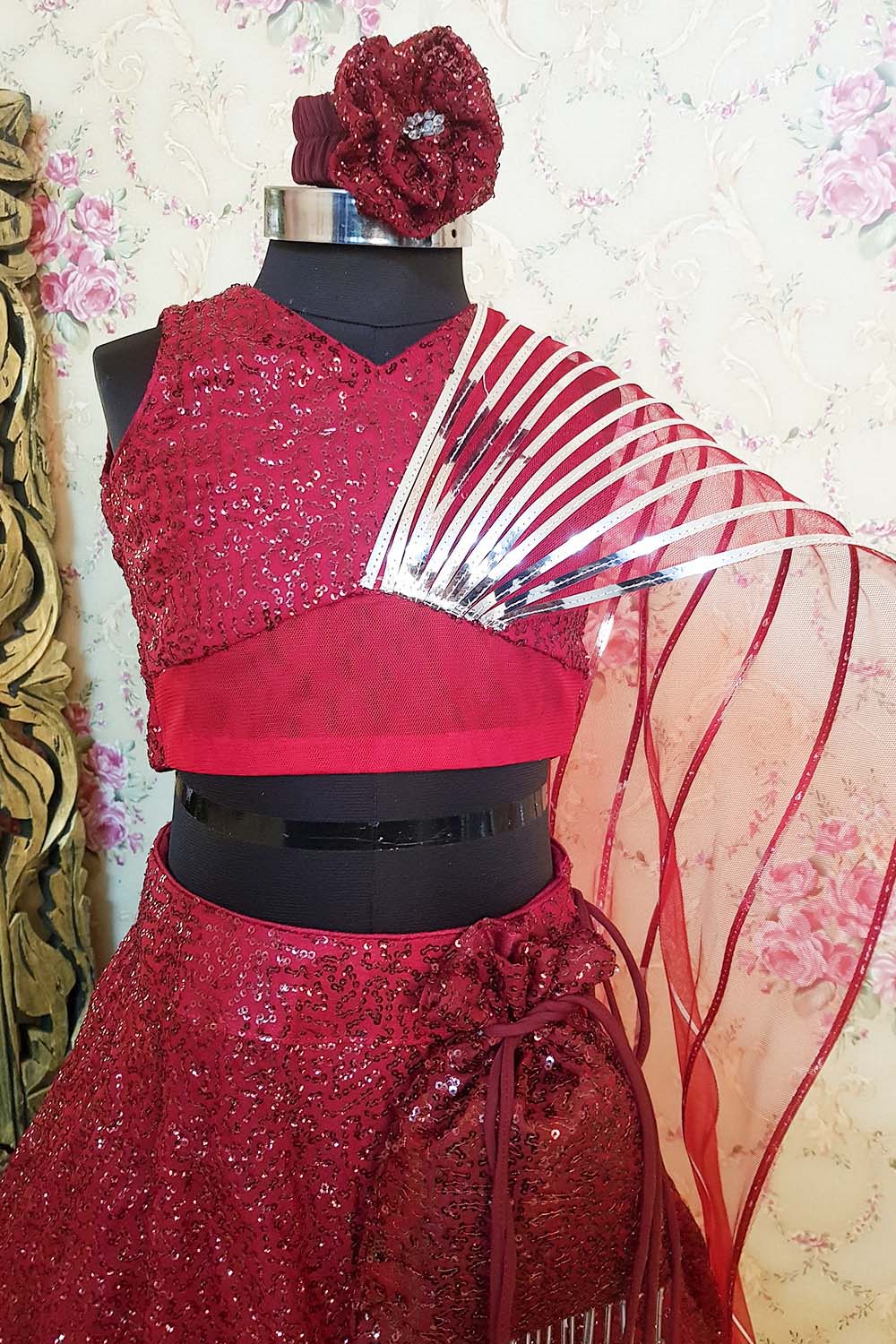 Maroon Sequins And Net Lahenga With Potli Bag and Hairband