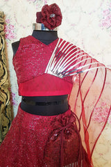 Maroon Sequins And Net Lahenga With Potli Bag and Hairband