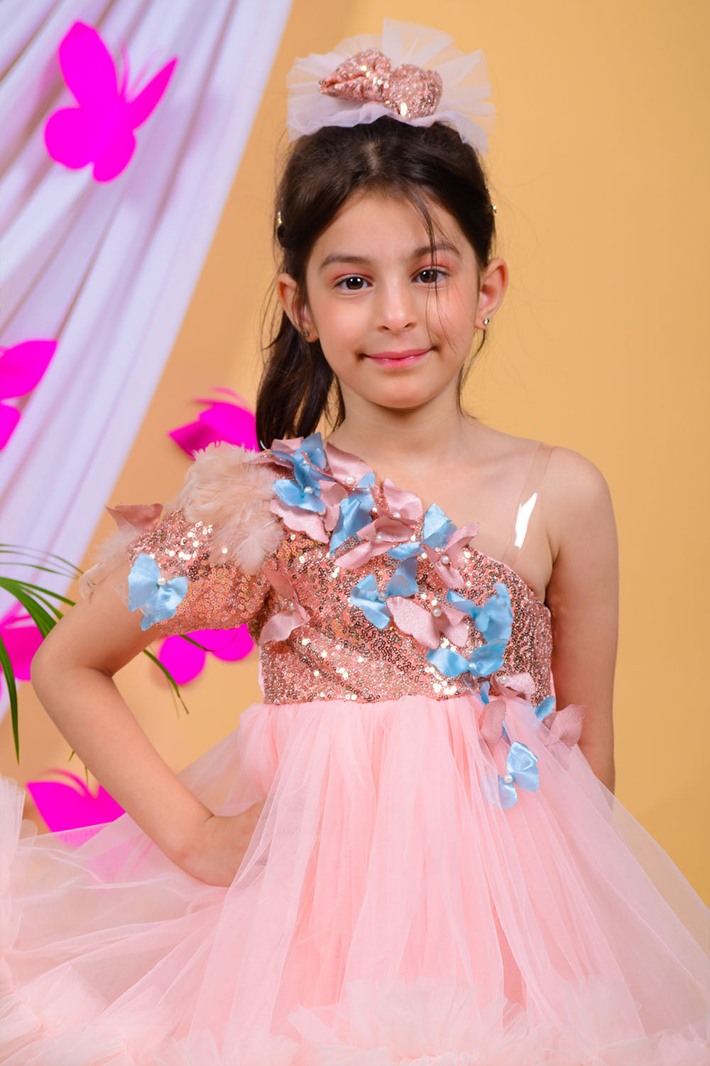 Nude Pink Butterfly Dress with Trail