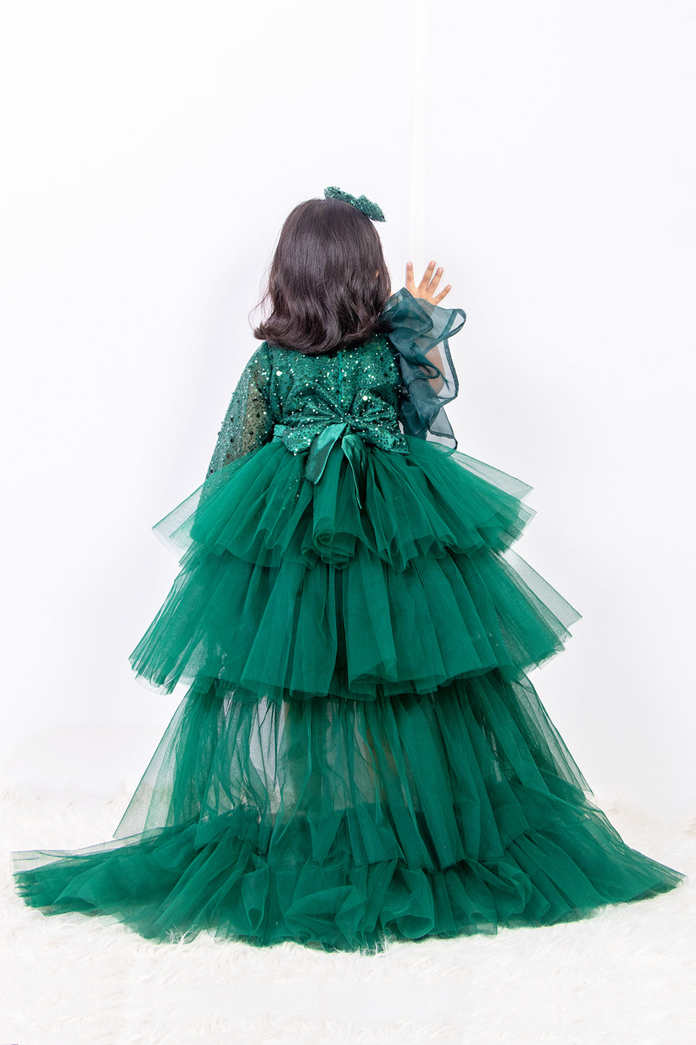 Bottle Green Ruffled Dress with Ruffled Trail