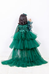 Bottle Green Ruffled Dress with Ruffled Trail