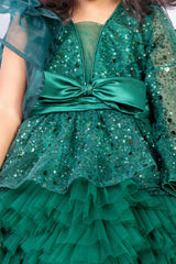 Bottle Green Ruffled Dress with Ruffled Trail