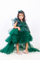 Bottle Green Ruffled Dress with Ruffled Trail
