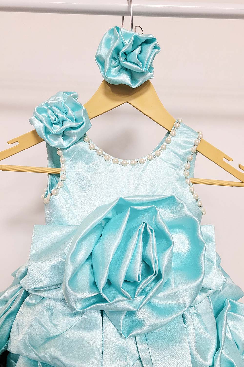 Sky-Blue Satin Rose Flare Dress