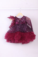 Wine Ruffled Dress With Ruffled Trail