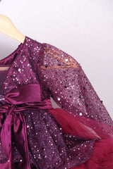 Wine Ruffled Dress With Ruffled Trail