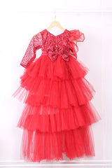 Maroon Ruffled Dress with Ruffled Trail