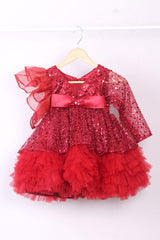 Maroon Ruffled Dress with Ruffled Trail