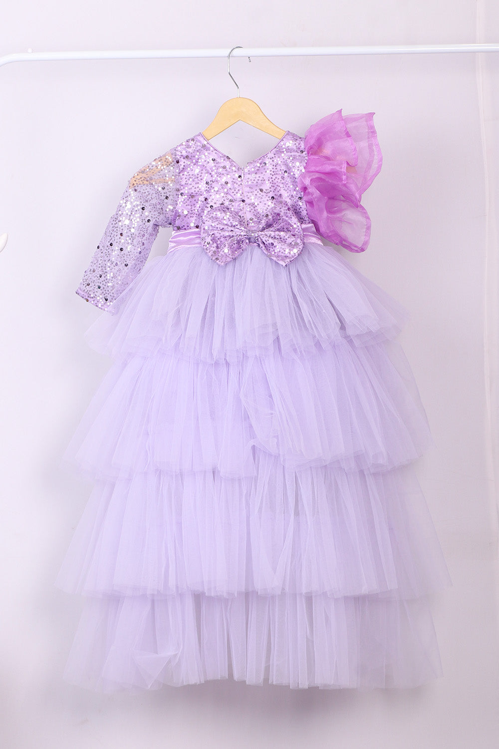 Lavender Ruffled Dress with Ruffled Trail