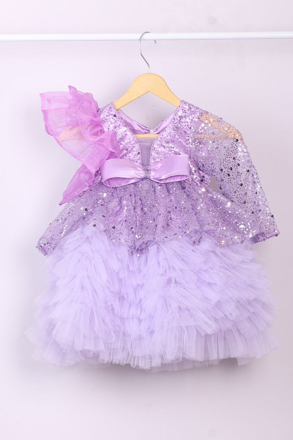 Lavender Ruffled Dress with Ruffled Trail