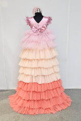 Onion Pink Shaded Ruffled Trail Dress