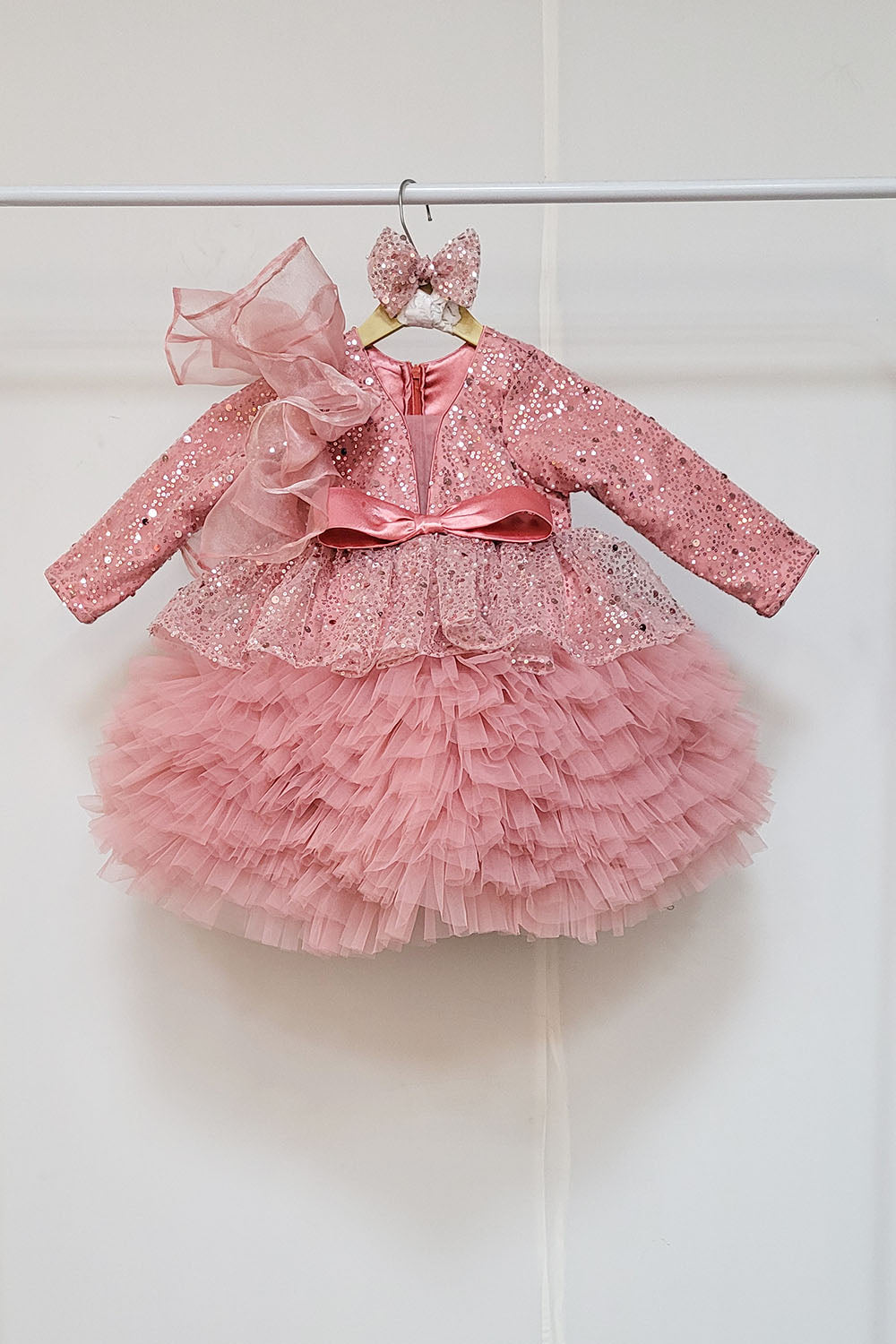 Dusty Pink Ruffled Dress with Ruffled Trail