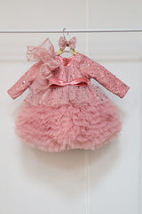 Dusty Pink Ruffled Dress with Ruffled Trail