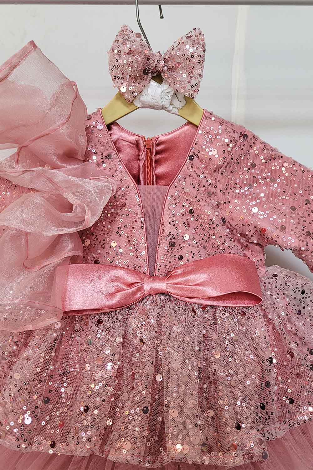 Dusty Pink Ruffled Dress with Ruffled Trail
