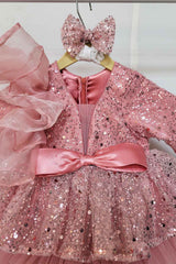 Dusty Pink Ruffled Dress with Ruffled Trail