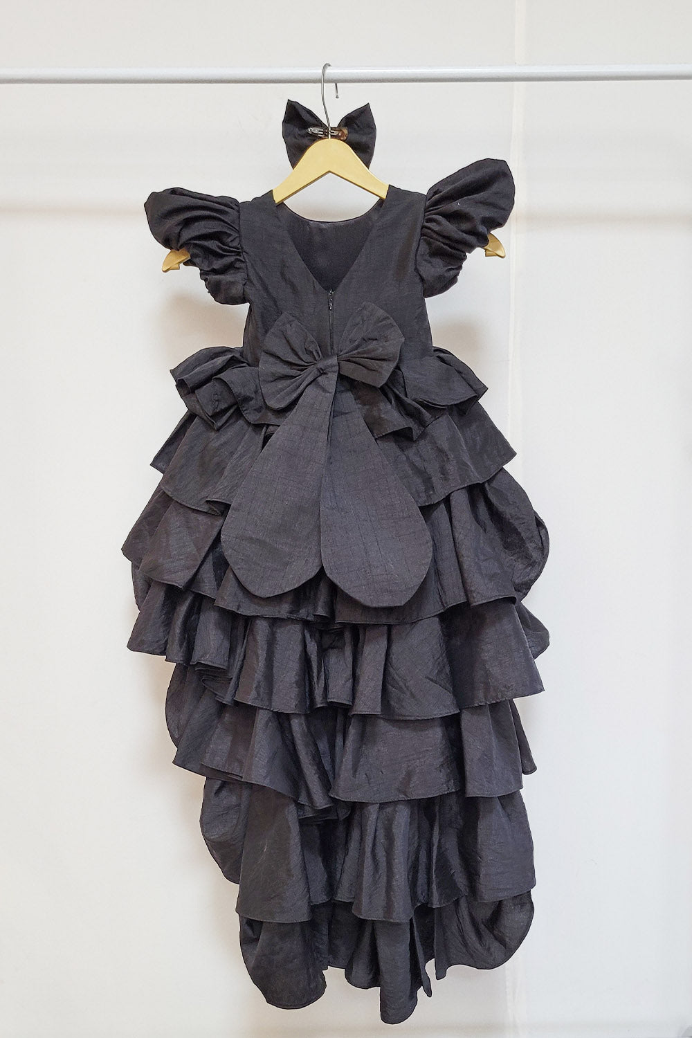 Black Raw Silk High Low Ruffled Dress