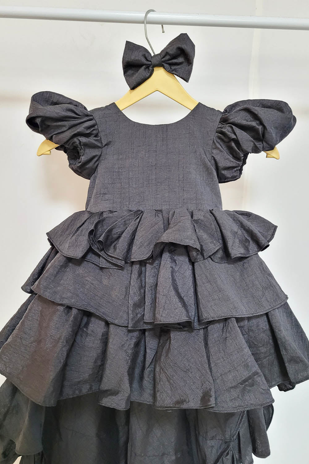 Black Raw Silk High Low Ruffled Dress