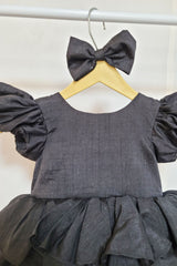 Black Raw Silk High Low Ruffled Dress