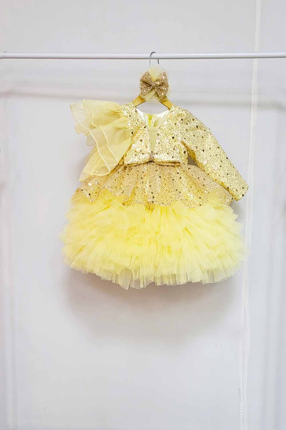 Lemon Yellow Ruffled Dress with Ruffled Trail