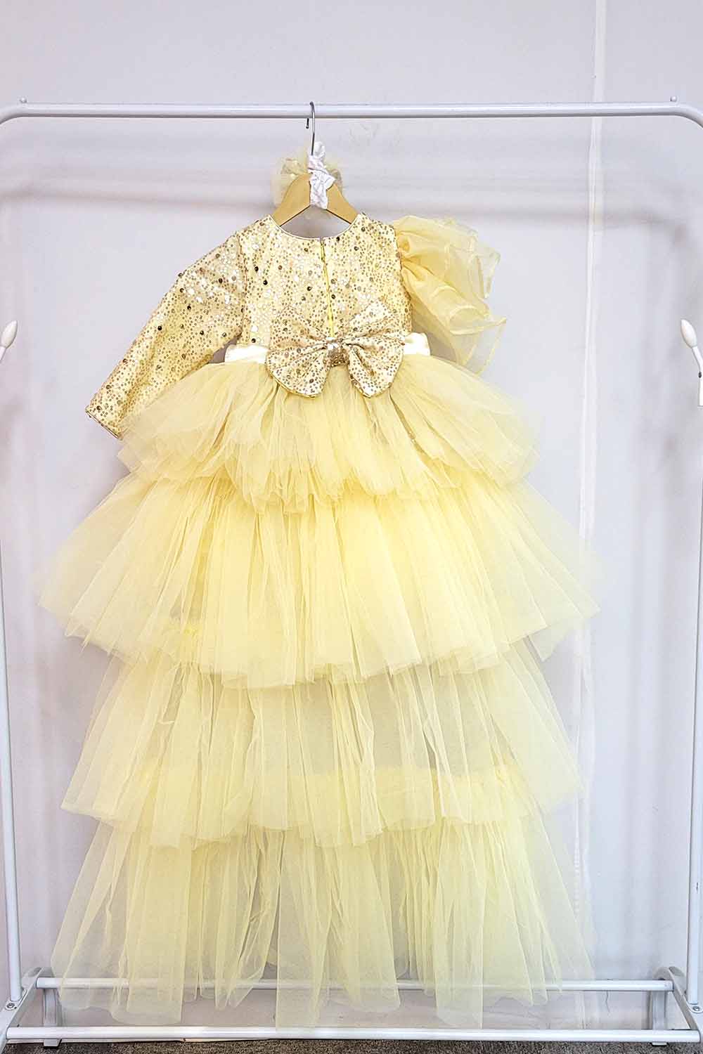Lemon Yellow Ruffled Dress with Ruffled Trail