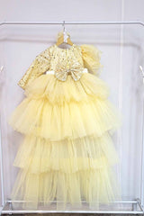 Lemon Yellow Ruffled Dress with Ruffled Trail