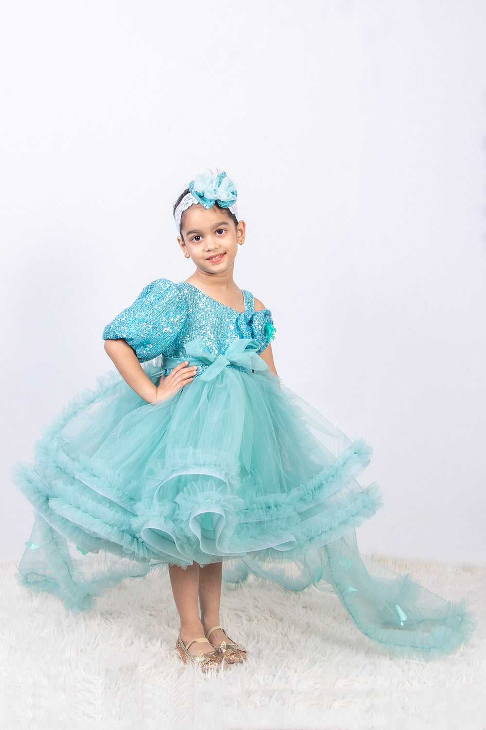 Aqua Blue Sequins and Net Frozen Theme Dress