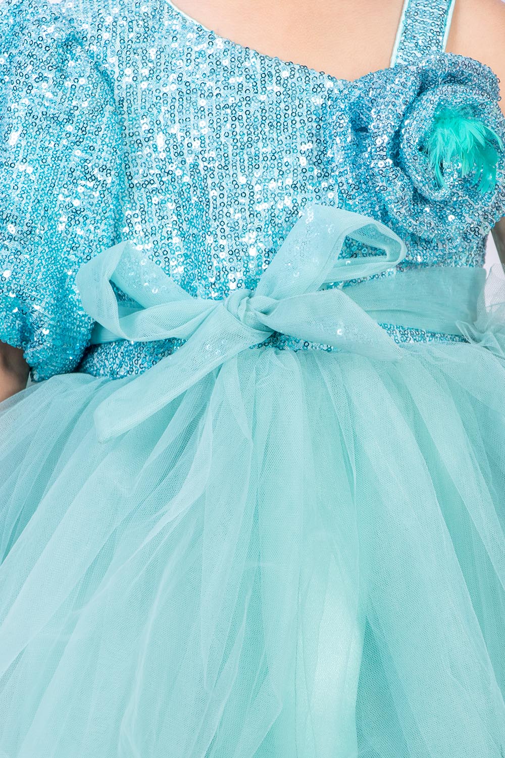 Aqua Blue Sequins and Net Frozen Theme Dress
