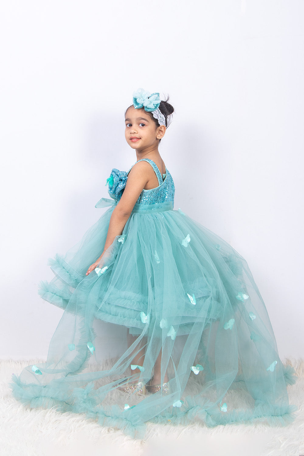 Aqua Blue Sequins and Net Frozen Theme Dress