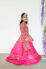 Pink Embroidered Peplum Top and Skirt Set
