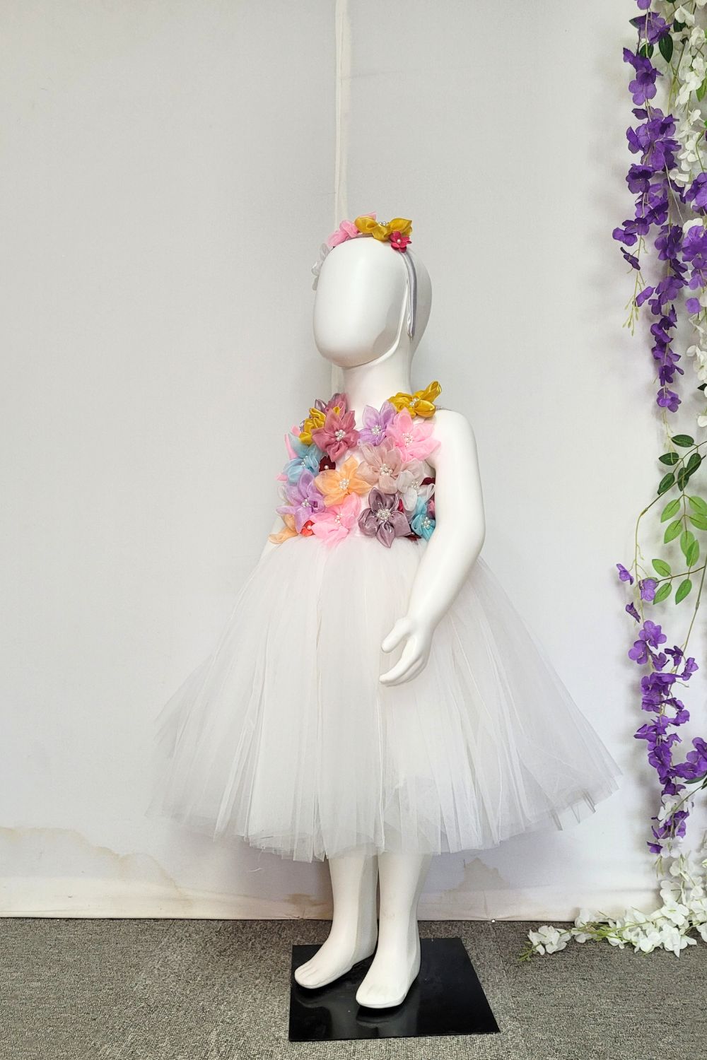 White 3D Flower Net Dress