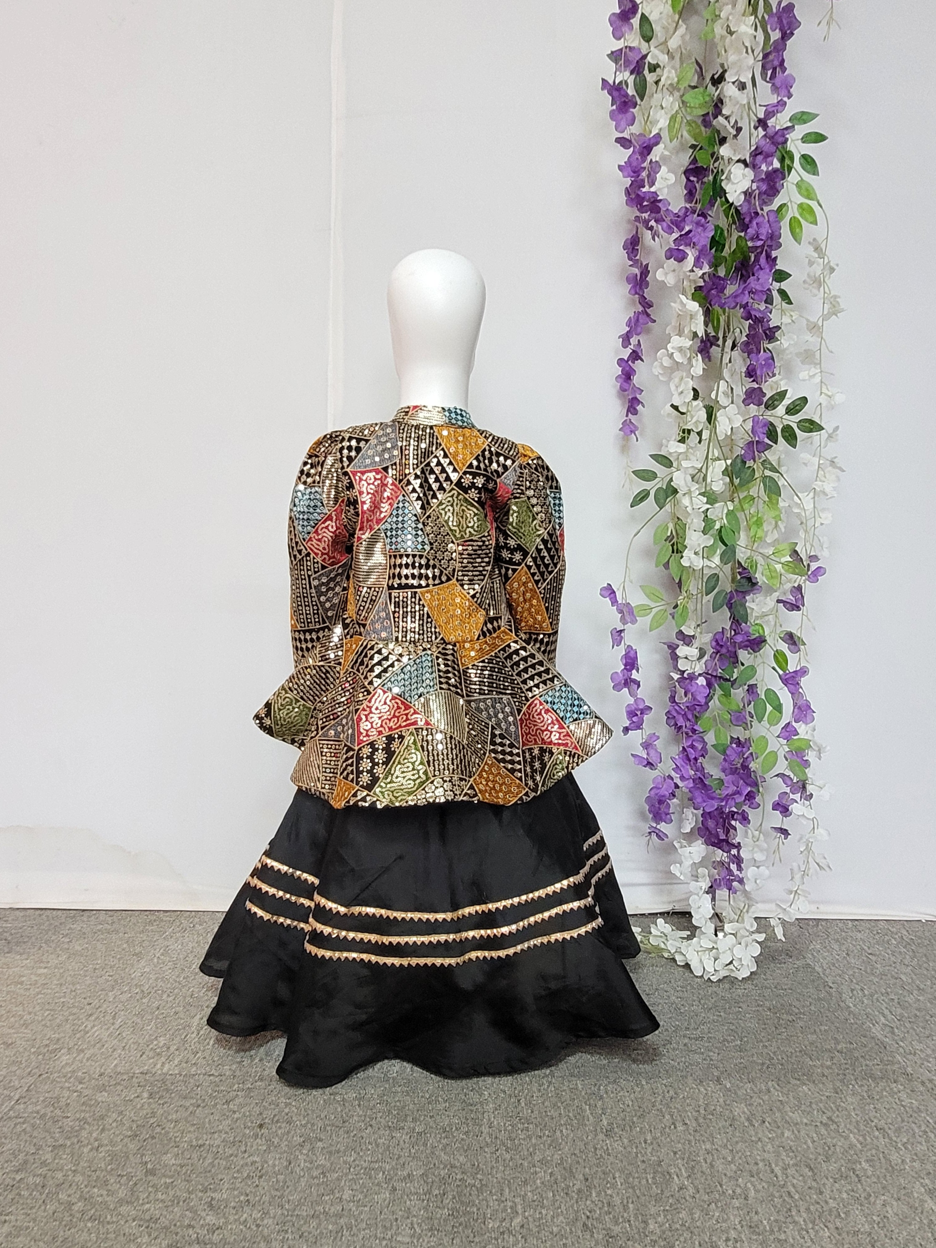 Black Embroidered Peplum Top and Skirt Set