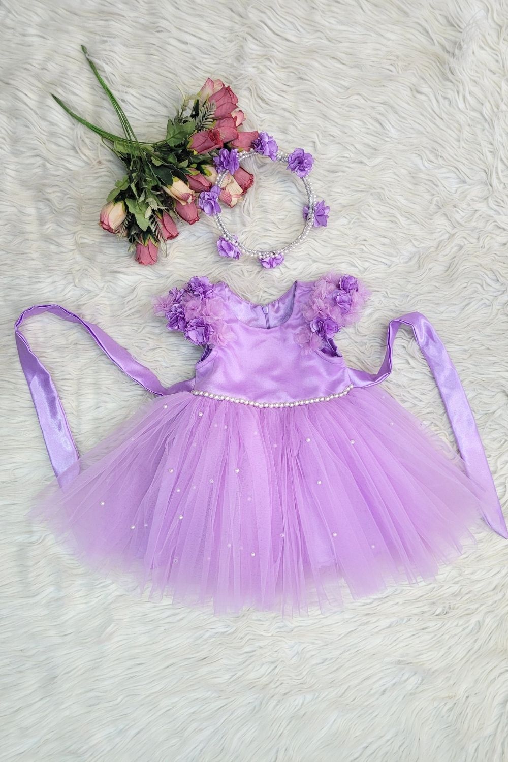 Lavender Satin and Net Flower Dress With Tiara