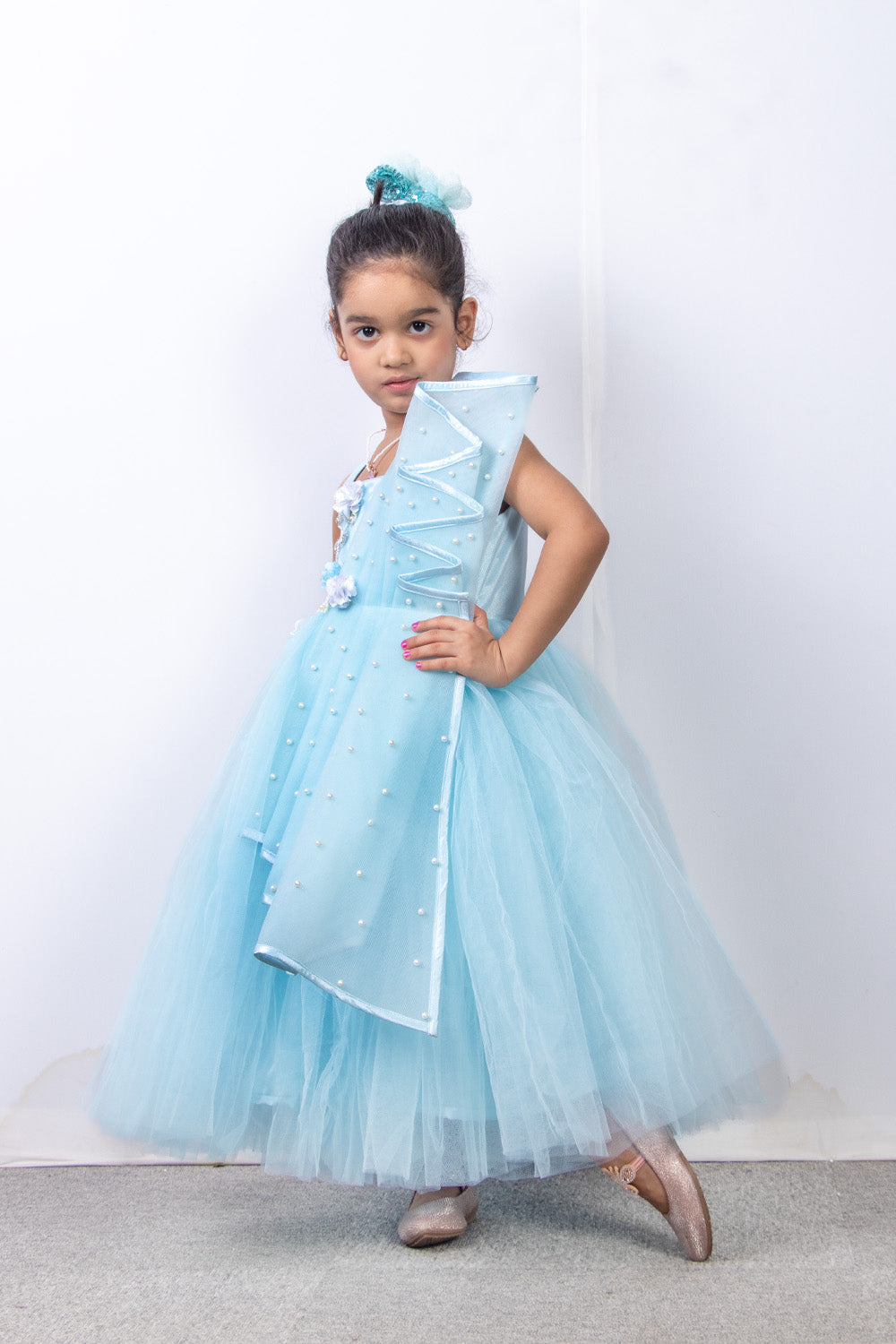 Sky Blue Elsa Theme Hand Embroidered Gown