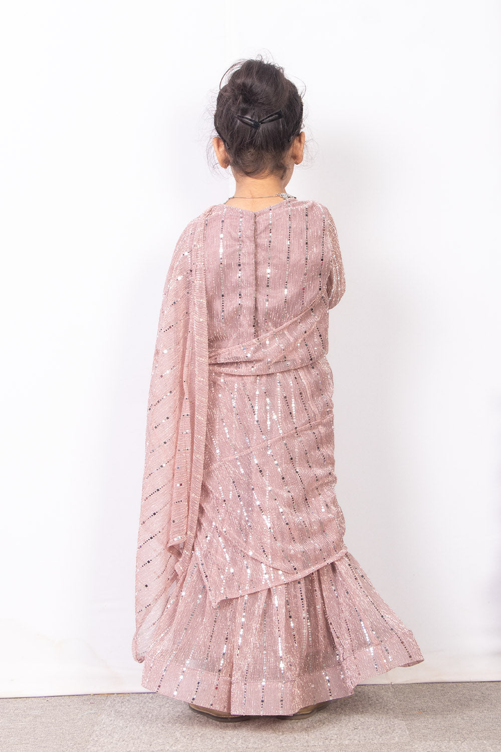 Nude Pink Shade Pre Draped Saree with Stitched Blouse for Kids
