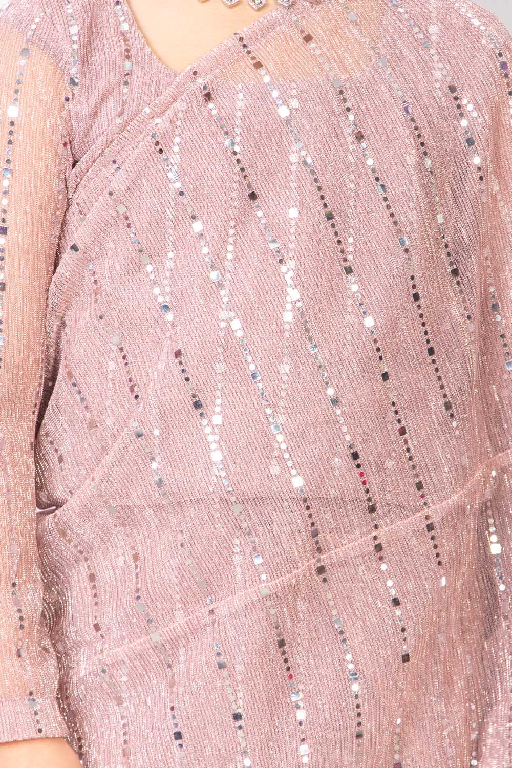 Nude Pink Shade Pre Draped Saree with Stitched Blouse for Kids