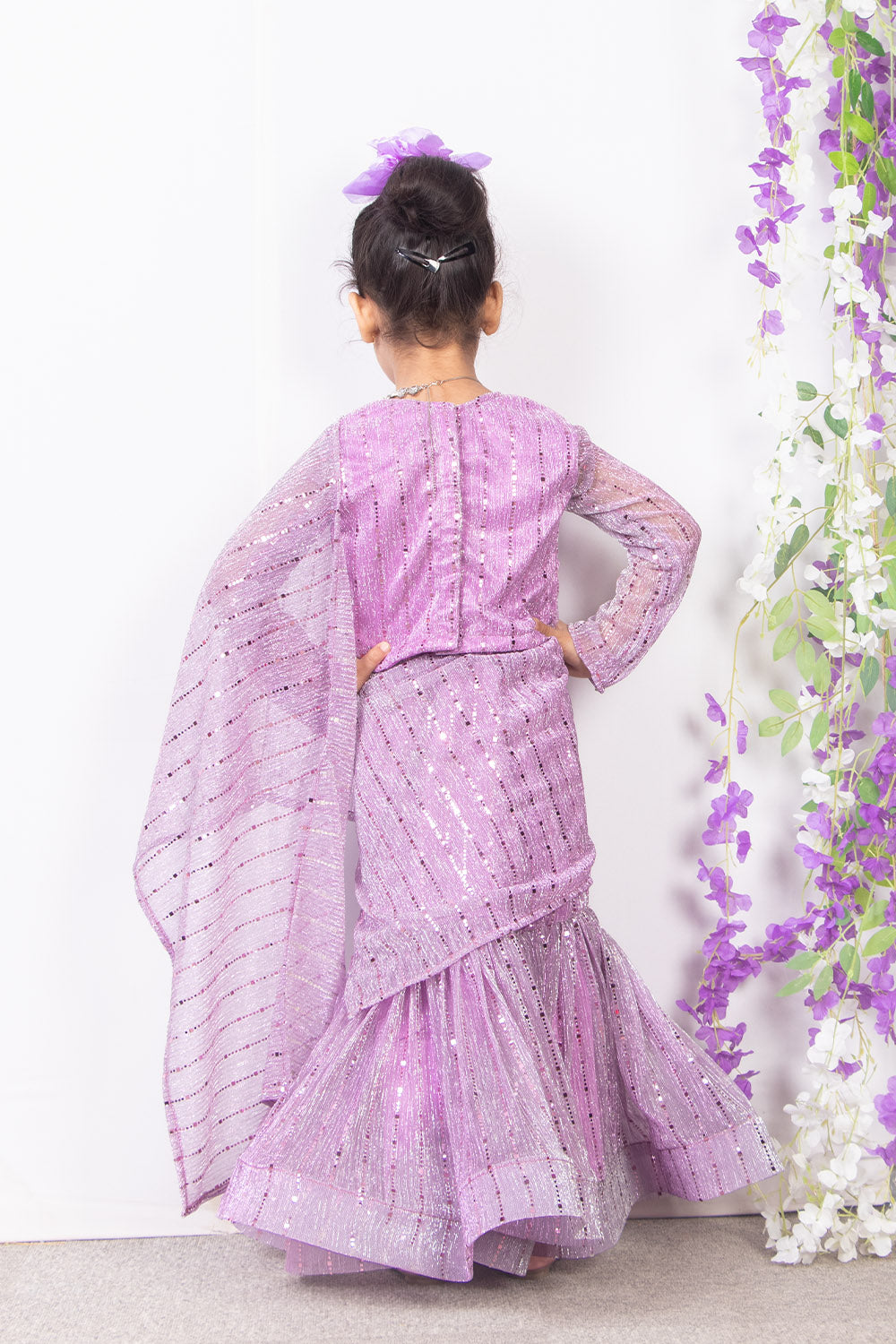 Lavender Shade Pre Draped Saree with Stitched Blouse for Kids
