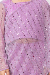 Lavender Shade Pre Draped Saree with Stitched Blouse for Kids