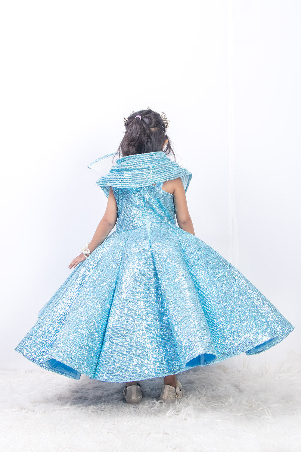 Sky Blue Ball Gown with Pearls Patch Work