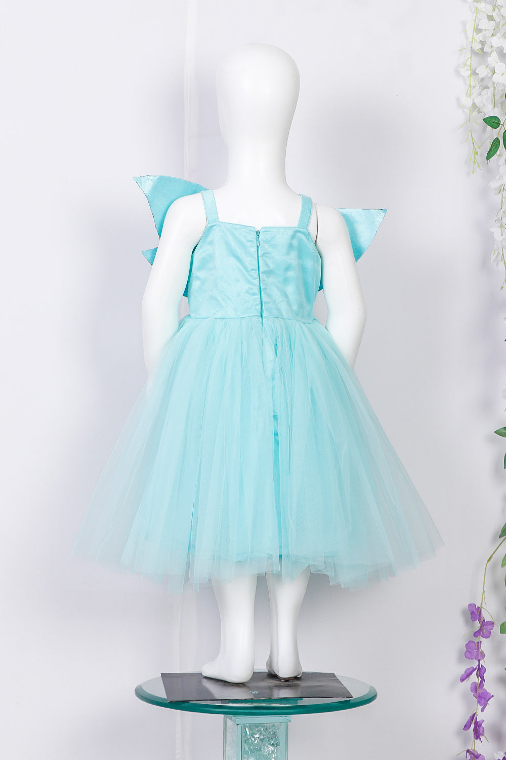 Sky Blue Hand Embroidered Leaf Patch Kids Dress