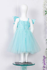 Sky Blue Hand Embroidered Leaf Patch Kids Dress
