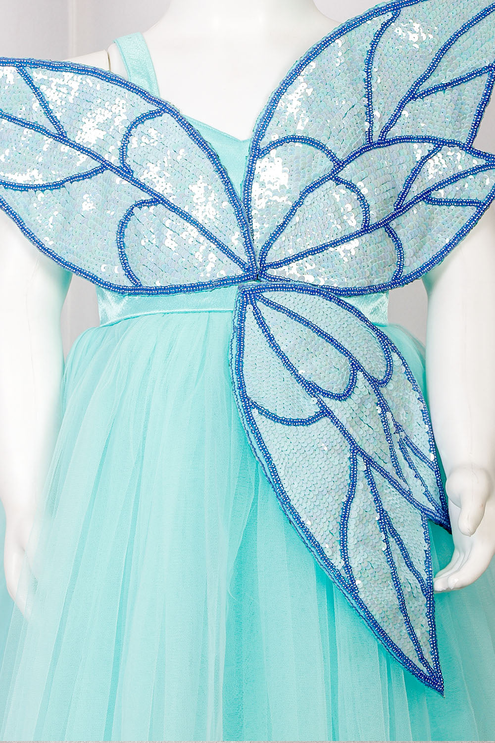 Sky Blue Hand Embroidered Leaf Patch Kids Dress