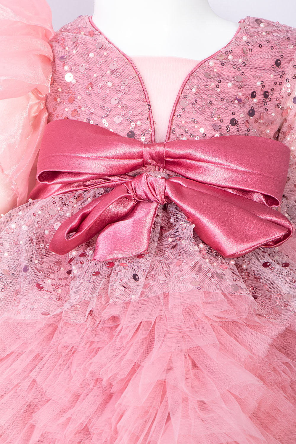 Onion Pink Ruffled Dress with Ruffled Trail