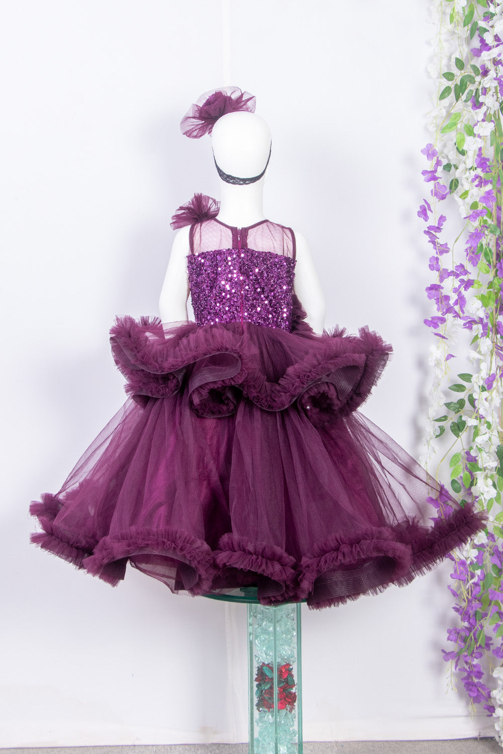 Wine Double Layered Net Gown