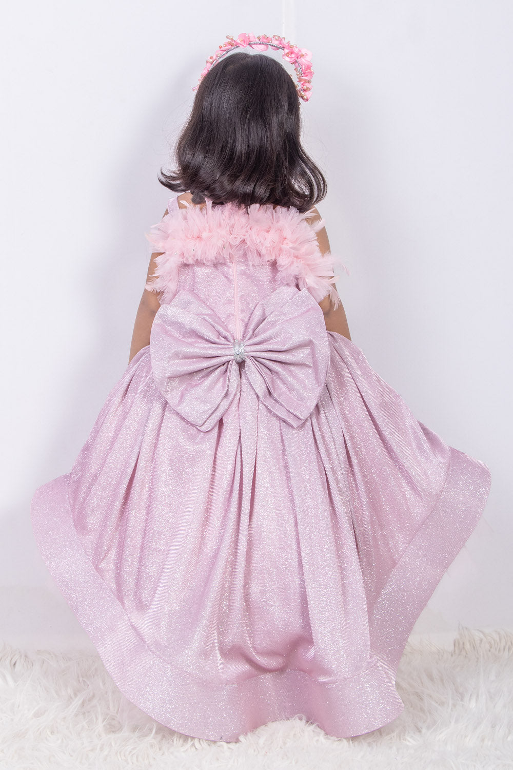 Pink Shimmer High Low Dress with Feathers
