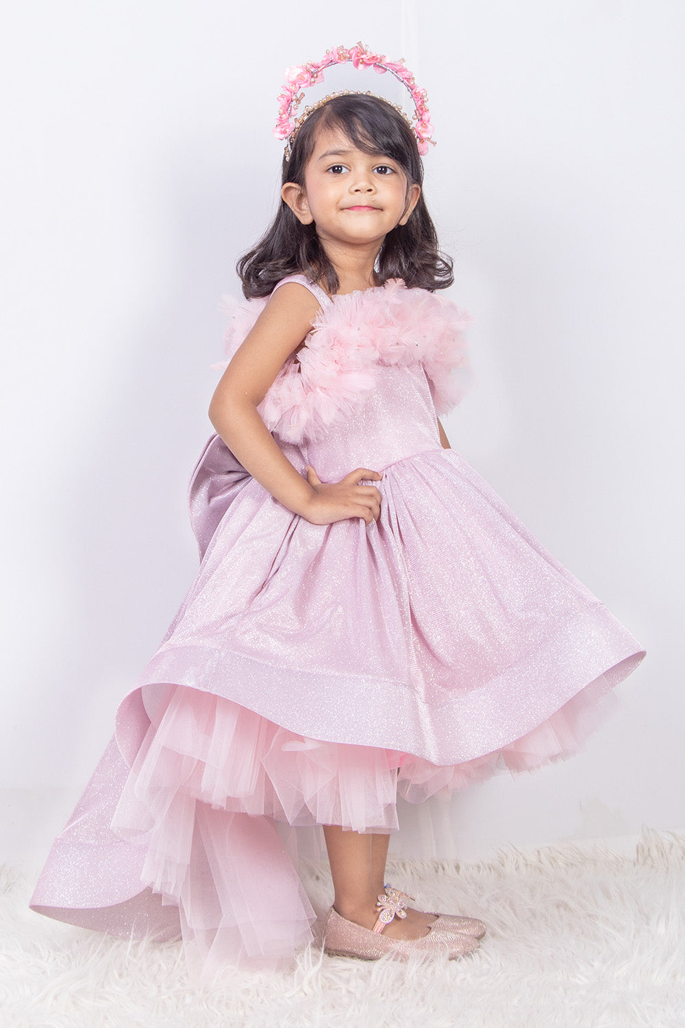 Pink Shimmer High Low Dress with Feathers